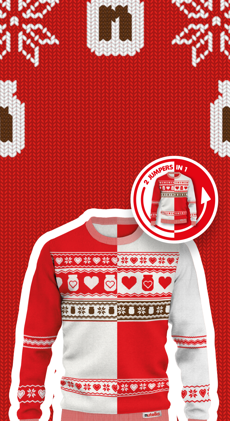 A red and white, reversible, knitted jumper has a Christmas design that features Nutella® jars with love hearts in the centre.