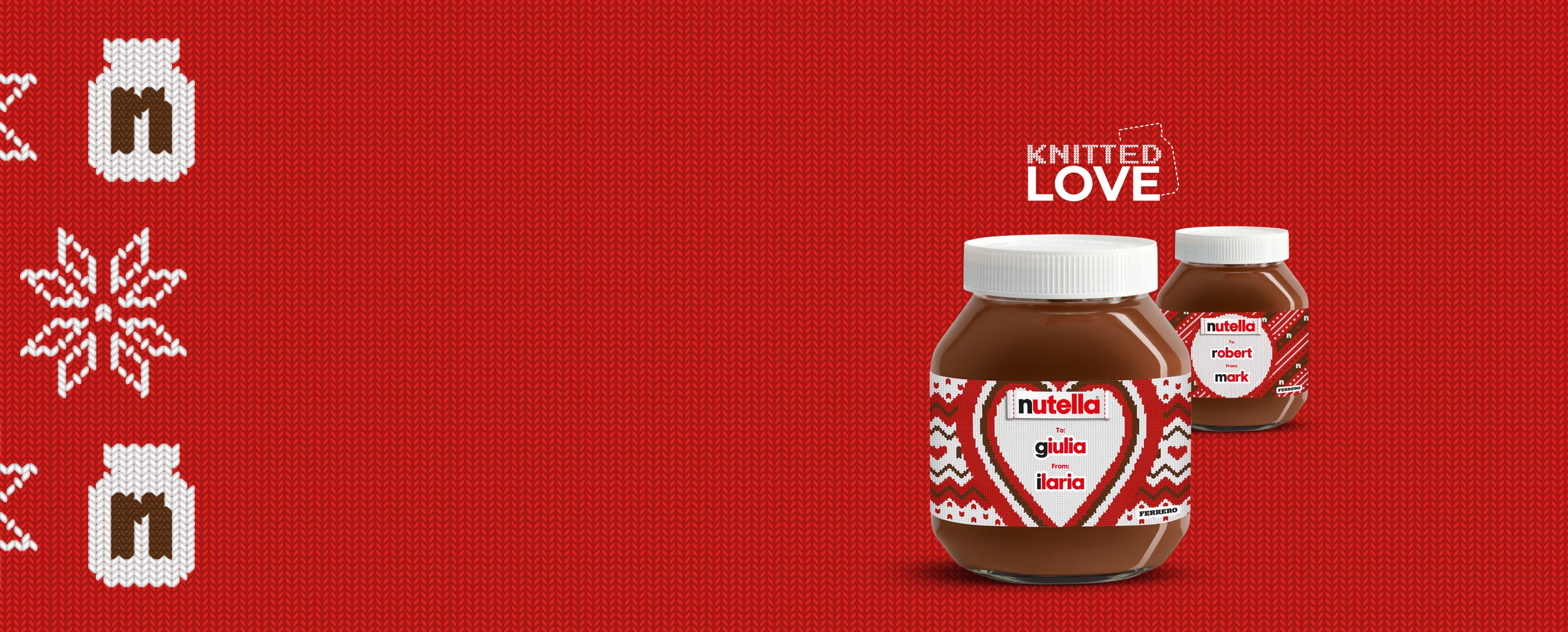 Two Nutella® "knitted" labelled jars in a diagonal line, receding into the background on a festive red knitted style background.