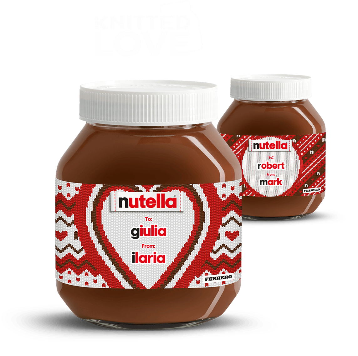 Two Nutella® "knitted" labelled jars in a diagonal line, receding into the background on a festive red knitted style background.